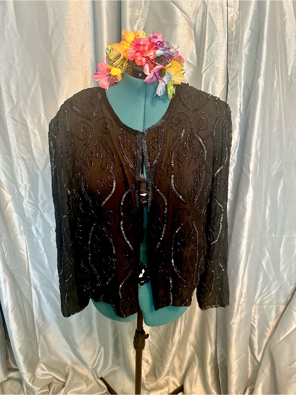Beaded Sheer Black Evening Jacket 3x